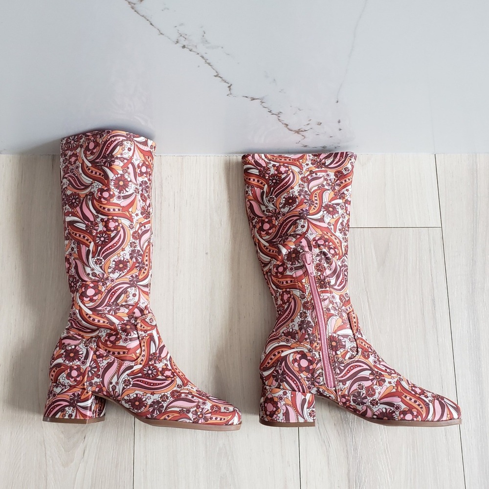 gb Groovy Tall Boots Girls 2M Chunky Heel Square Retro 70s